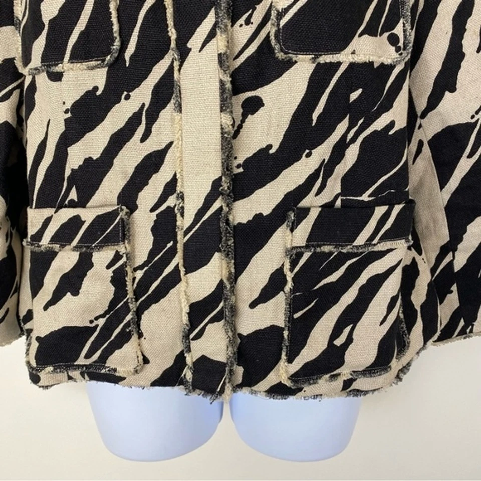 MICHAEL MICHAEL KORS Linen Black Print Snap Front Jacket Fringe Detail Size 14 - Image 4 of 4