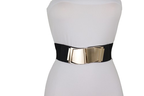Women Black Faux Leather Stretch Band Elegant Unique Belt Gold Wave Buckle S M - Picture 16 of 24