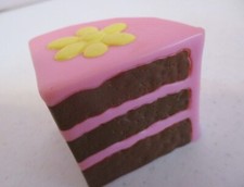 Play Food-Slice-Chocolate Cake-Pink Icing-2"Tall-Vintage-As Shown