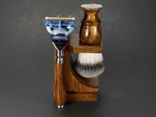 3pc Wood Shaving Set For Men's Shave Brush & 5 Edge Blade Cartridge Fusion Razor