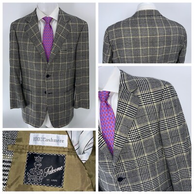 Falcone Bespoke Blazer 42R Tan Black Plaid 100% Cashmere 2B NV USA YGI X4-90