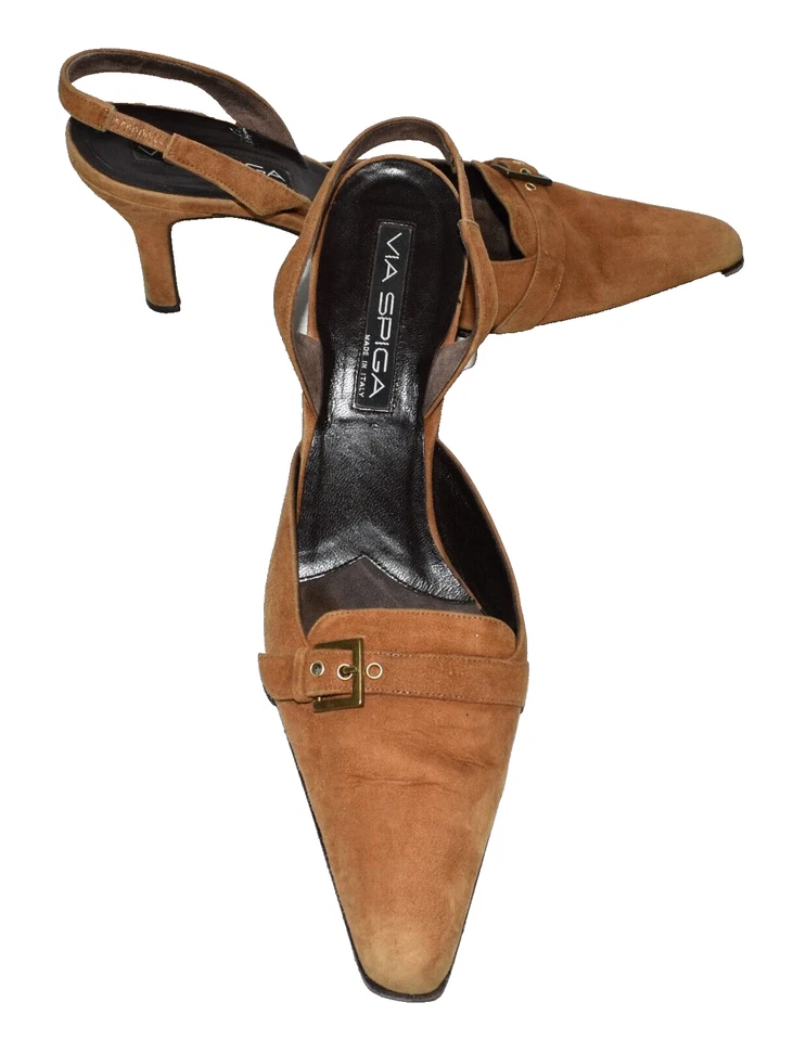 Via Spiga Marrón Gamuza Hebilla Correa Punta Cuadrada Tacones Cordones Talla 11M Foto 2 de 4