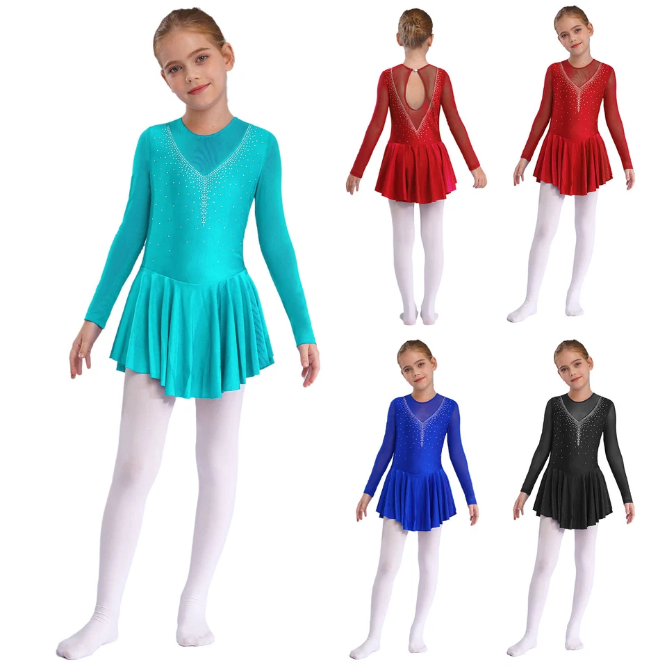 UK Girls Figure Ice Skating Competition Costume Long Sleeve Mesh Patchwork Dress - Image 3 of 4