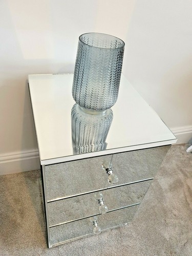 Mirrored Glass Bedside Table Cabinet 3 Drawer Chest Crystal Handles Handmade UK - Picture 9 of 12