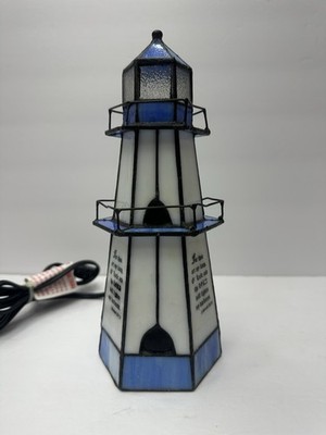 Blue &White Stained Glass Lighted Lighthouse 10in Electric Lamp  WORKS