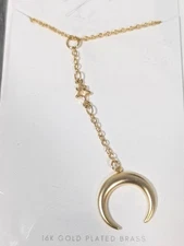 Boho Crescent Moon Star Y-Drop Chain Necklace Gold Tone Matte 20 in