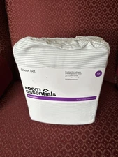 Room Essentials 4pc Full Sheet Set Brushed Microfiber White w/Gray PinStripe NWT
