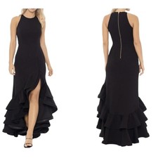 Betsy  Adam Long Dress Gown 12 Scuba Crepe Ruffle Slit Formal Sleeveless Black
