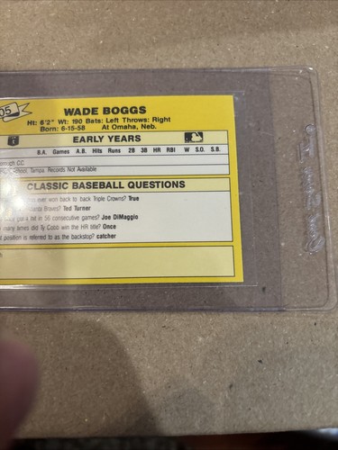 Wade Boggs HOF Boston Red Sox 1987 Classic Card 105 Yellow Back Mint Free Ship! - Picture 5 of 5
