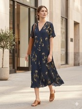 Vince Painted Blooms Floral Crinkle Midi Dress Navy Blue S Tie Waist Pockets