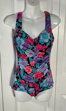 Vintage Le Cove Floral Ruched One Piece Swimsuit Women's 14 Pink Teal Black USA