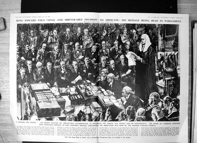 Antiker alter Druck König Edward V111 Entscheidung Abdankungsbotschaft Parlament 1936