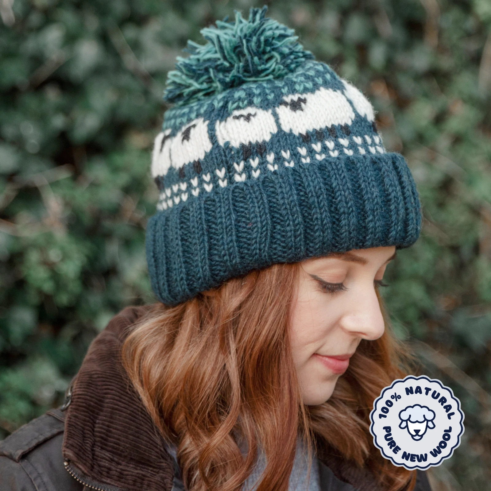 Women's Hand Knitted Fleece Lined Sheep Winter Bobble Hat Beanie Ladies Teal