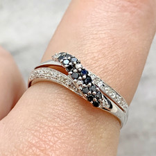 Black & White Diamond 9ct Gold Ring .15ct Wave Band 375 White Gold - Size O 1/2