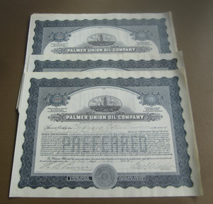 Wholesale Lot of 25 - 1910's PALMER UNION OIL COMPANY - Stock Certificates - CA.
