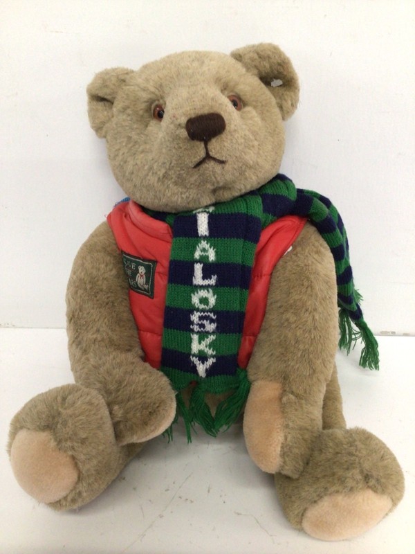 Vintage 1982 18" Gund Bialosky Save the Bears Teddy w/ Vest & Scarf - READ
