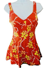 Vintage 70s Orange Floral Mod Flower Power One Piece Skirted Swimsuit Women's 12