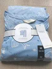 M&S Ladies Pyjama Set Size 12-14 Blue Long Leg Short Sleeve New 