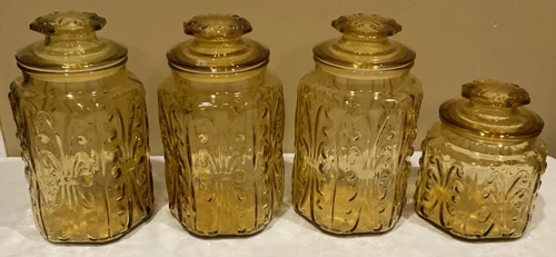 Set Vintage Federal Amber/Yellow Glass Atterbury Scroll Canister Jars w/Lids