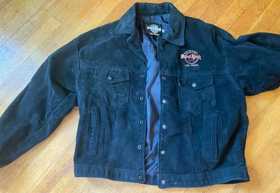 Vtg 80s Hard Rock Cafe Las Vegas Embroidered Black Suede Leather Trucker Jacket - Image 2 of 4