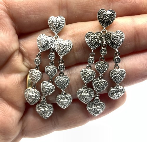 Aretes de araña colgantes de corazón con racimo de diamantes de plata de ley 925 - Imagen 1 de 6