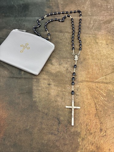 Vintage Italian Rosary Crucifix Black Beads Catholic W/ Virgin Mary 18” +Bag