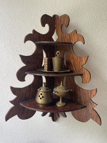 Antique Tiger Oak Corner Wall Shelf, Wooden, Hand Crafted, 20” Tall - Picture 6 of 23