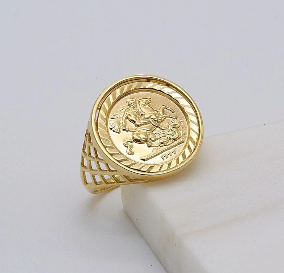 375 9ct Yellow Gold Men Saint George Sovereign Coin Ring 18mm Brand New Size W - Image 2 of 4