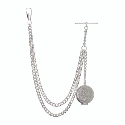 New Sterling Silver Color Single Albert Pocket Watch Chain with Locket Pendant