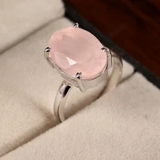 Natural Rose Quartz Simple Ring For Women 925 Sterling Silver Stacking Bohemian
