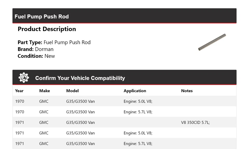 Varilla de empuje de bomba de combustible Dorman Van GMC G35/G3500 1970-1971 Foto 2 de 4
