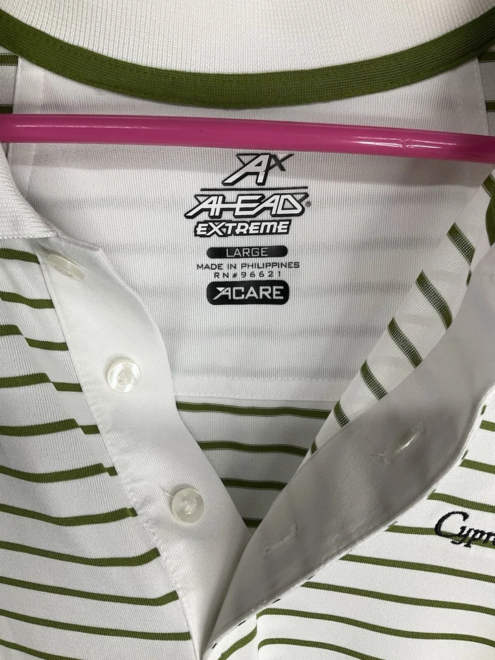 Camisa Polo Cabeza de Ciprés Adulto Grande Blanca y Verde Oliva Rayada Adelante Extrema Foto 2 de 3