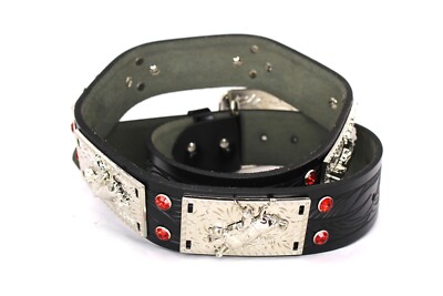 Black Belt with Red Rhinestone Bulls Design Western Black Leather Belt With Red/ Rooster Rhinestones  main image 3