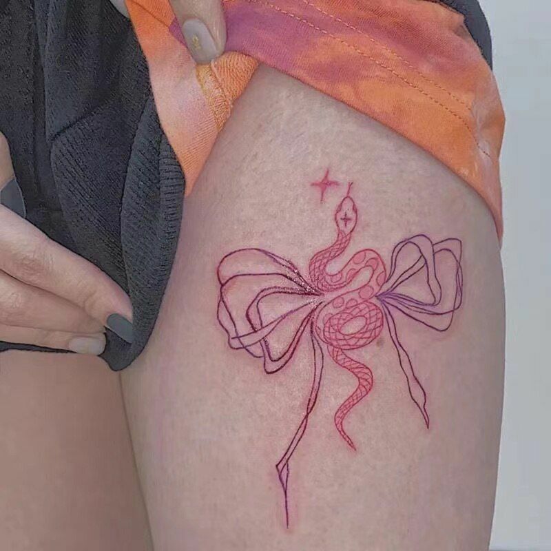 Temporary Tattoo Red Snake With Bowknot Arm Leg Neck Back Neck Hand Fake  Sticker | eBay