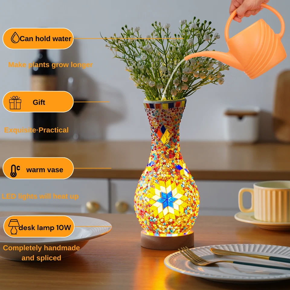 Lámpara de jarrón de mosaico, lámpara de mesa turca marroquí colorida hecha a mano jarrón de vidrio Foto 4 de 4