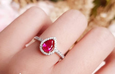 1ct Simulated Pink Ruby Ring 14k WhiteGold Plated Halo Teardrop Pear Shape
