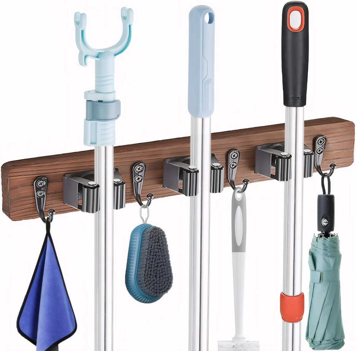 Mop and Broom Holder Wall Mount-Rustic Wood Broom Hanger Wall