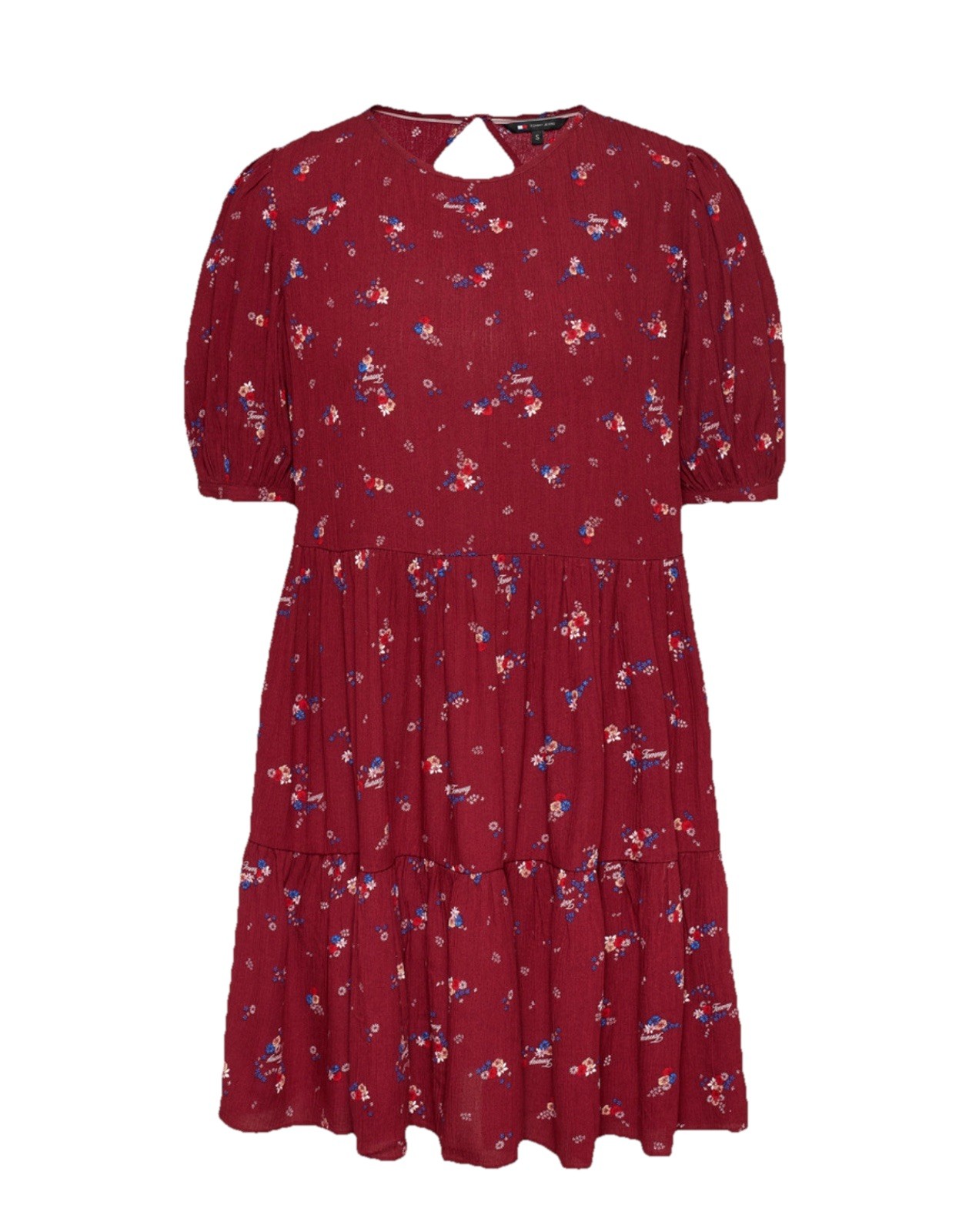 Tommy Jeans Burgundy Floral Print Tiered A-Line Short Sleeve Dress Sz SMALL, NWT thumbnail 5