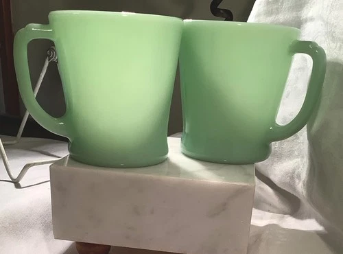 Jadite Fire King Pair Iconic Coffee Mugs D Handle Exc. Auth, Vintage Restaurant