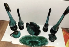 8-Pc Blue Mountain Pottery Set - Drip Glaze Swans & Dishes - BMP CANADA