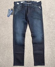 BNWT Replay Anbass Hyperflex Re-Used Blue Denim Designer Mens Jeans | 34W 32L