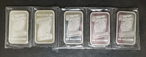 Five SD Bullion 1oz Silver Constitution/Liberty Bell Bars in Plastic