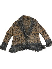 Peruvian Connection Chucky Knit Sweater Cardigan Fringe Sz XL Boho Luxury Wool
