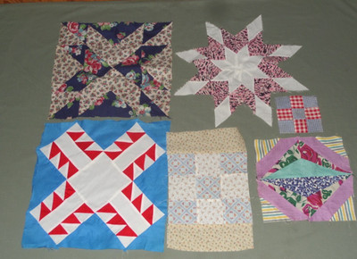 6 Vintage Quilt Blocks Mixed Lot of Colors & Sizes 6 Different Assorted Patterns