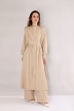 Damen Kimono Cardigan Langarm Leinenlook Zweiteiler mit Hose und Gürtel Elegant