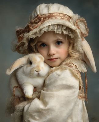 8x10 Little Girl Holding a White Rabbit Art Print - 511948319