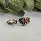 Vintage Native American Sterling Silver Coral Flower Ring Linked Chain Signed MR