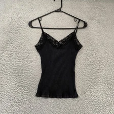 VTG Frenchi Y2K Tank Top Womens Medium Black Ribbed Lace Trim Spaghetti Strap