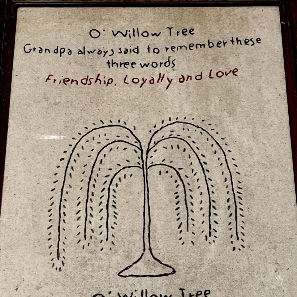 Vtg Primitive Folk Art Framed Embroidery Stitchery “O Willow Tree” 70’s Quote - Image 2 of 4