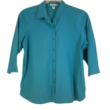 Coldwater Creek Womens XL Shirt Aqua Button Front Collar 3/4 Sleeve Button Cuff